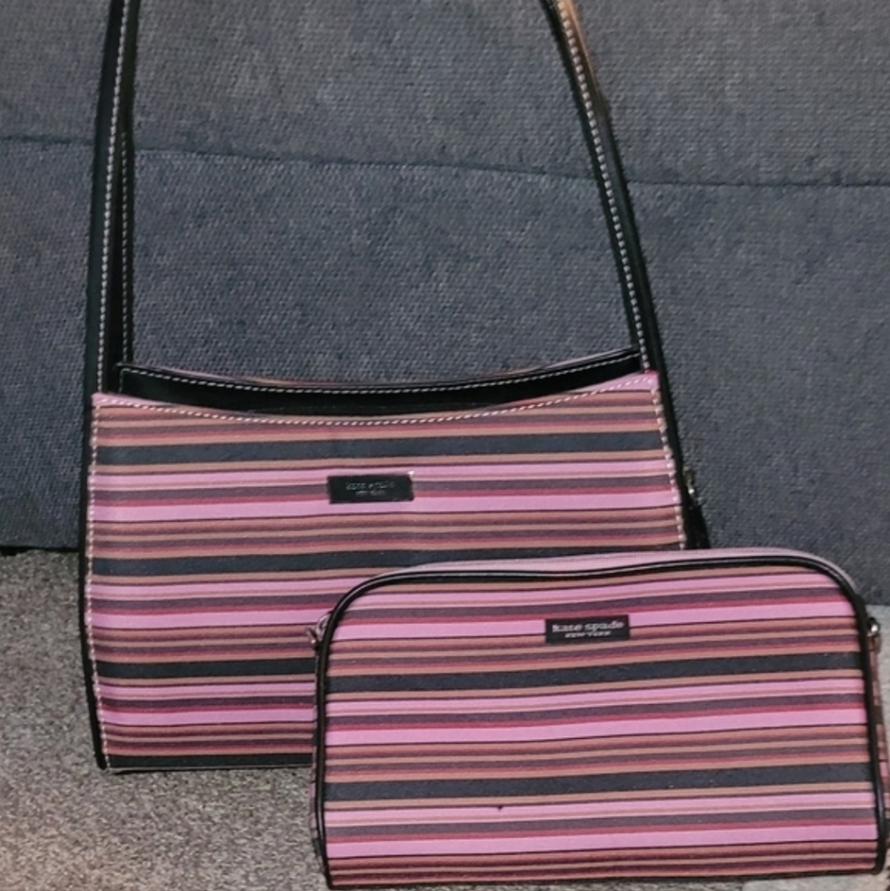Kate Spade Pink and Black Striped Shoulder Bag Set